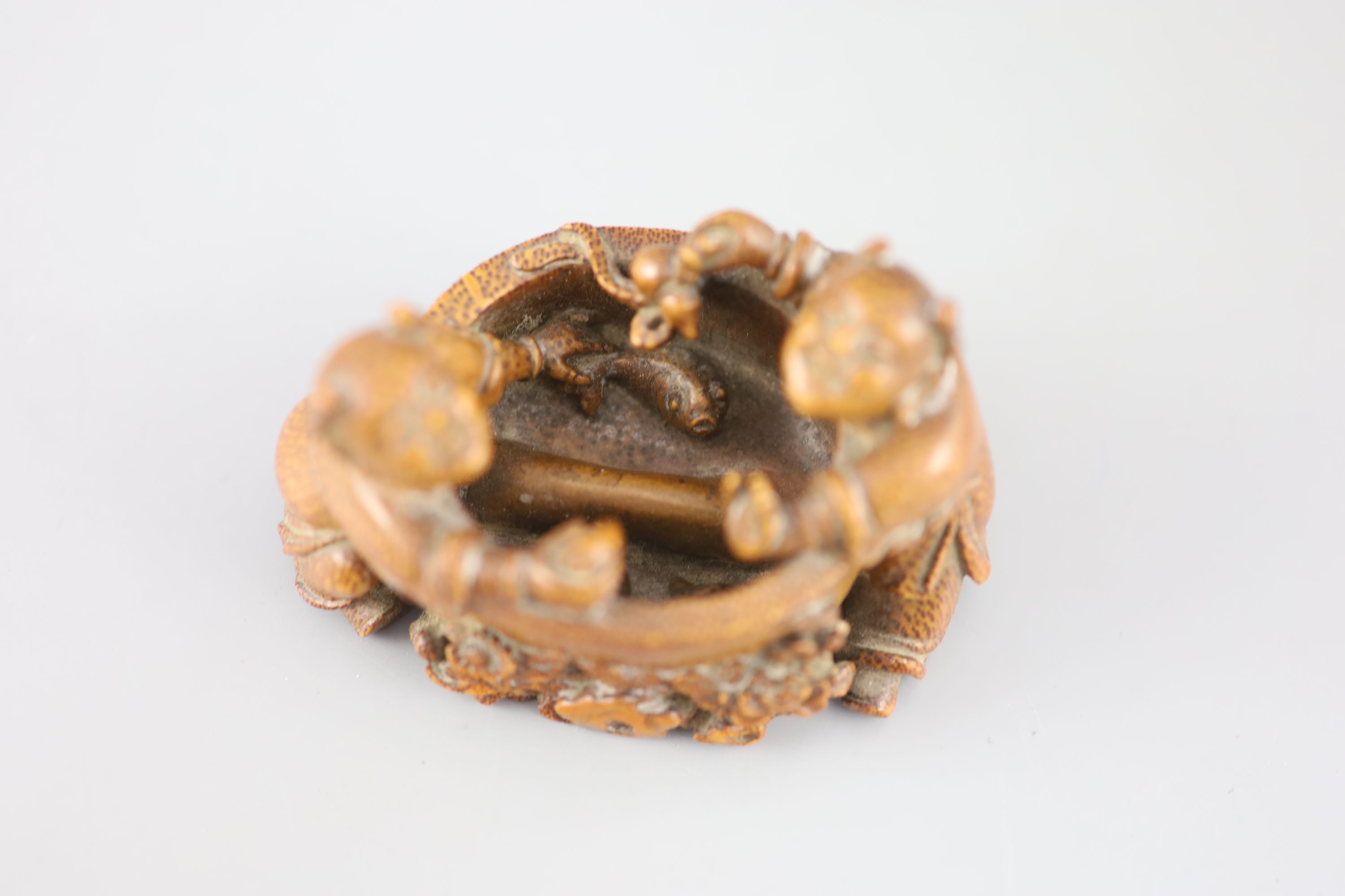 A fine and rare Chinese bamboo-root boys and fish bowl brush washer, 18th/19th century,